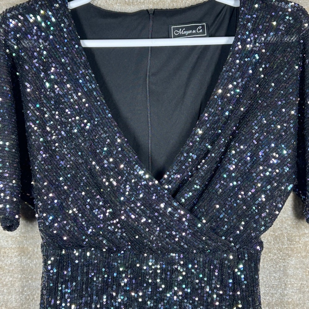 Morgan & Co Women Y2K Glam Iridescent Sequin Wrap Mini Party Dress Black Size 11